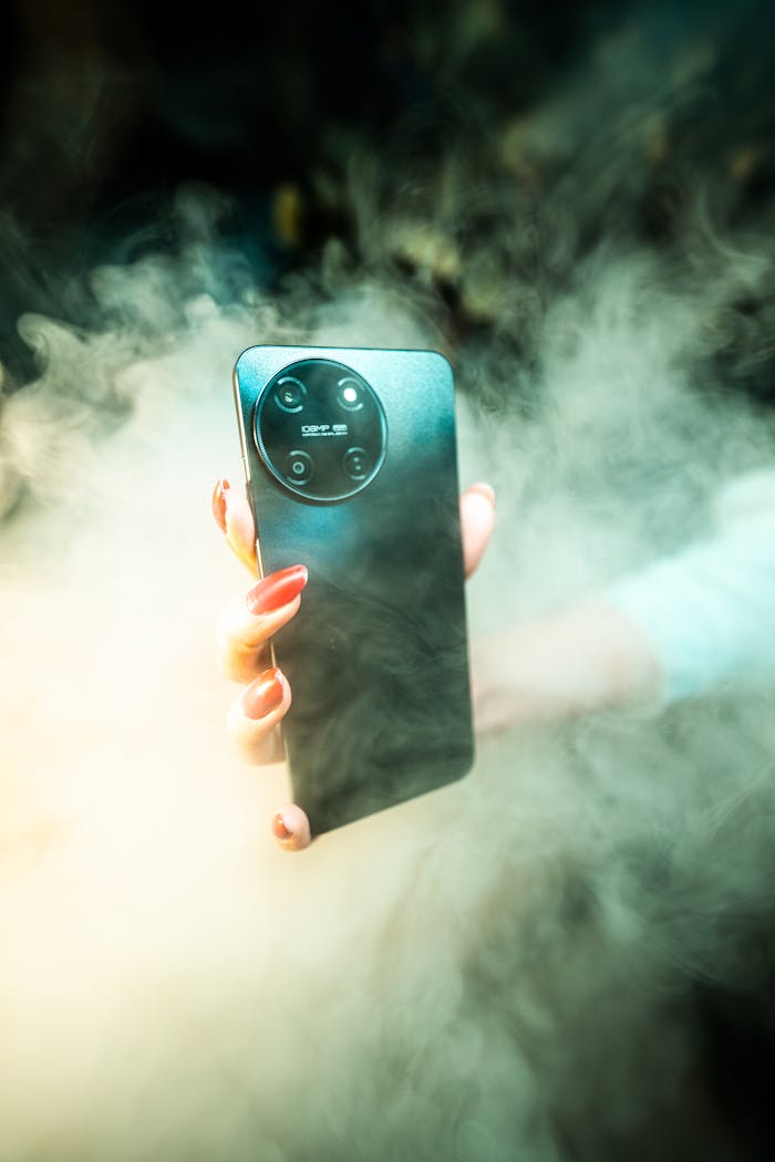 Artistic capture of a hand holding a smartphone surrounded by smoke in a studio setting.